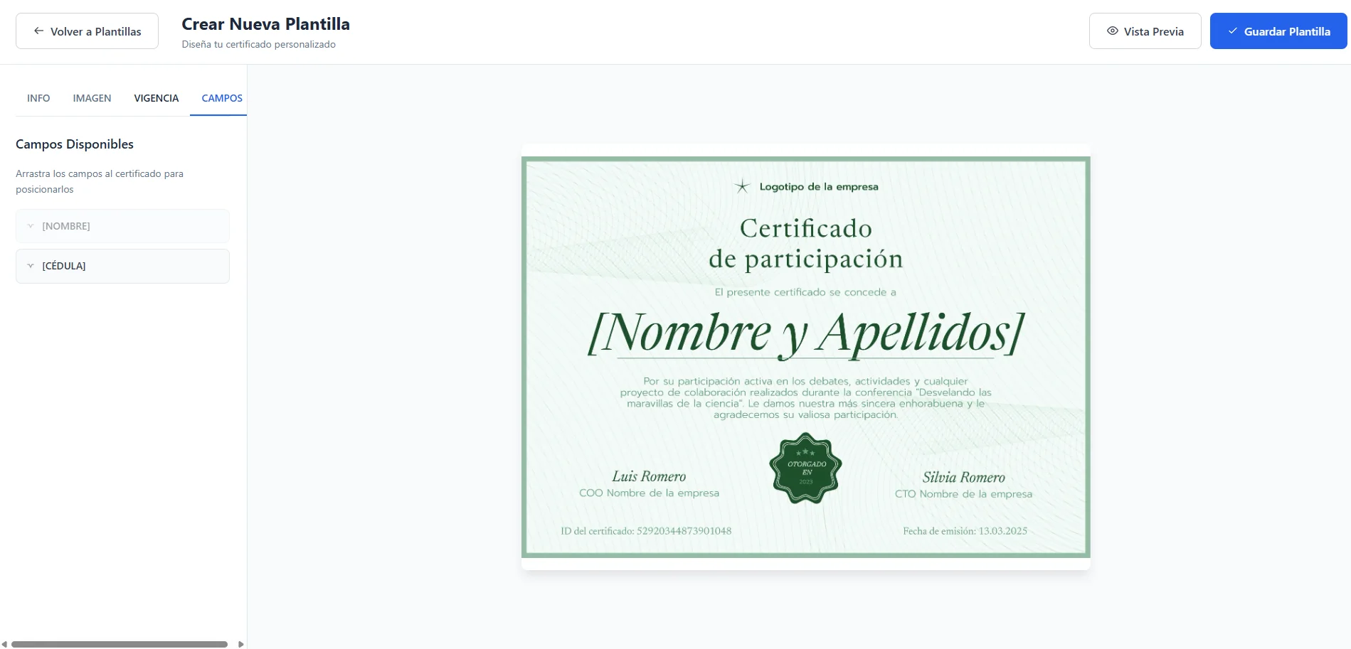 Editor de plantillas de certificados de Fundefava